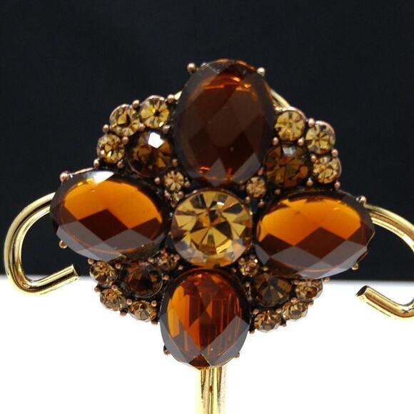 Vintage Flower Rhinestone Brooch, Topaz Faceted Glass Stones, 1990s, 1 7/8 Inch - Picture 7 of 8